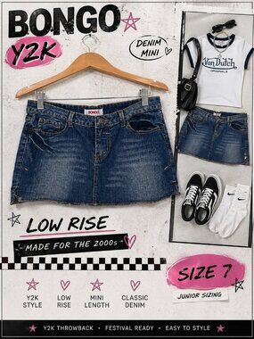 BONGO Y2K Denim Mini Skirt Low Rise Medium Wash Size 7 Festival